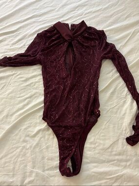 Long-Sleeve Burgundy Velvet Lace Bodysuit with Neck Tie